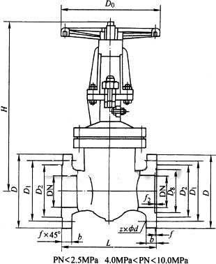 DKZ41H、DKZ41Y型手动真空闸阀 PN10外形结构尺寸图