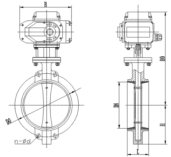 D971F对夹式电动调节蝶阀PN6～PN16主要外形结构尺寸图